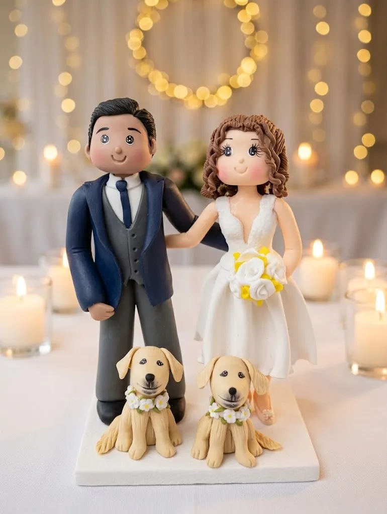 Novios personalizados acompañados de sus dos perros golden retriever