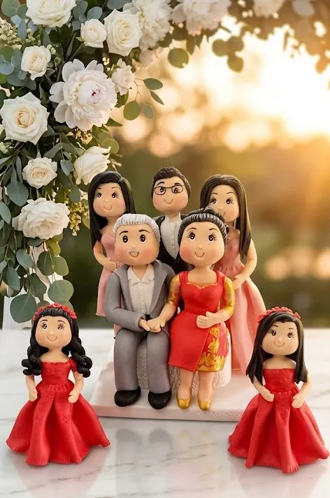 Figuras de toda la familia: los novios, los abuelos y las niñas con vestidos rojos