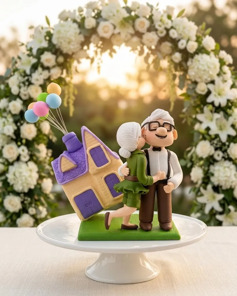Novios inspirados en la película Up, con la casa de globos y un beso de los abuelos
