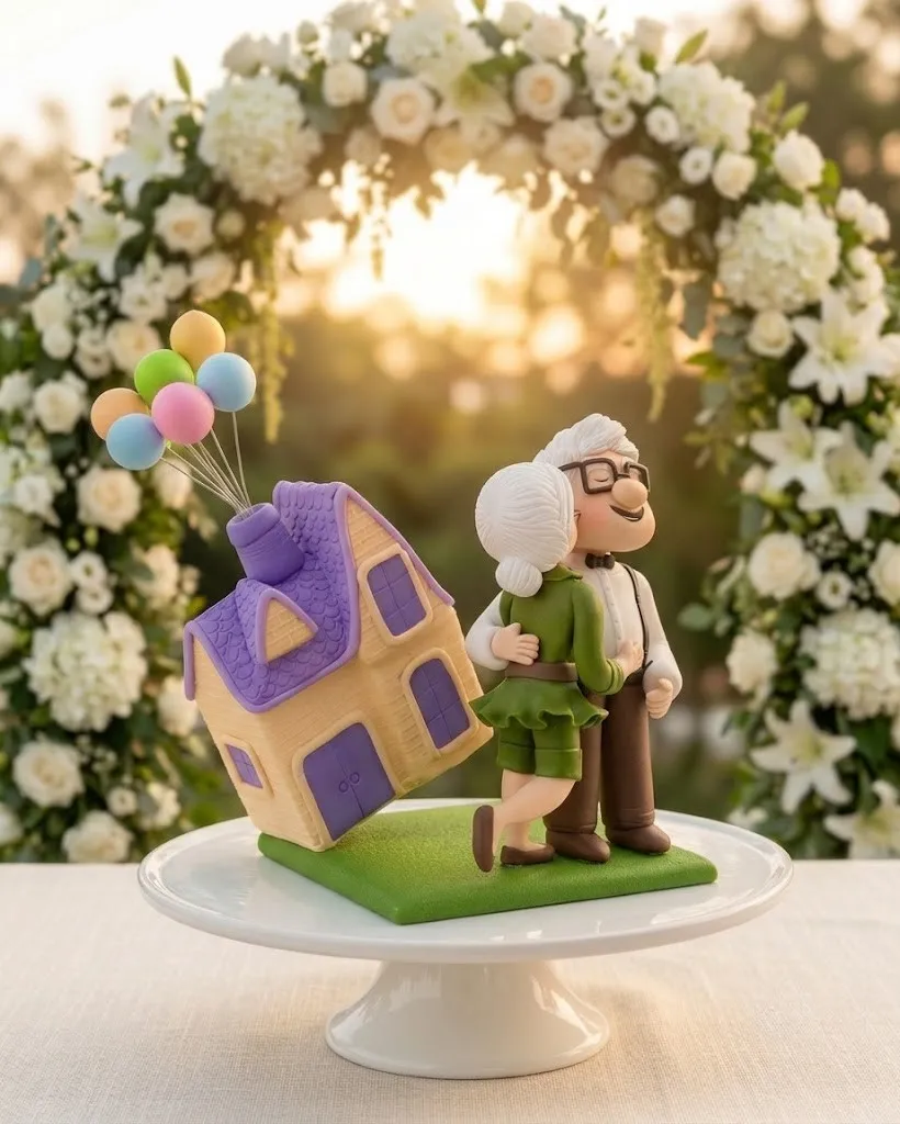 Novios estilo Up junto a la casa de globos, sobre un pedestal blanco
