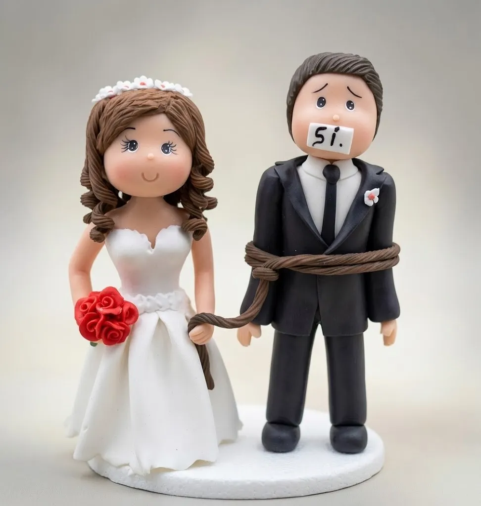 Novios humorísticos: la novia sonríe con su ramo de rosas rojas mientras lleva atado con una soga al novio, que tiene un cartel con un “Sí” tapándole la boca
