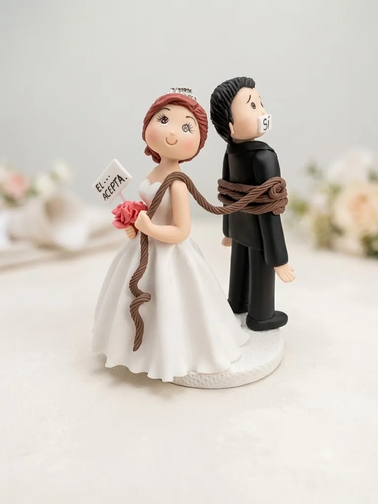 La misma pareja humorística de espaldas: la novia con tiara sostiene un letrero que dice “Él… acepta” y arrastra al novio amarrado con una soga