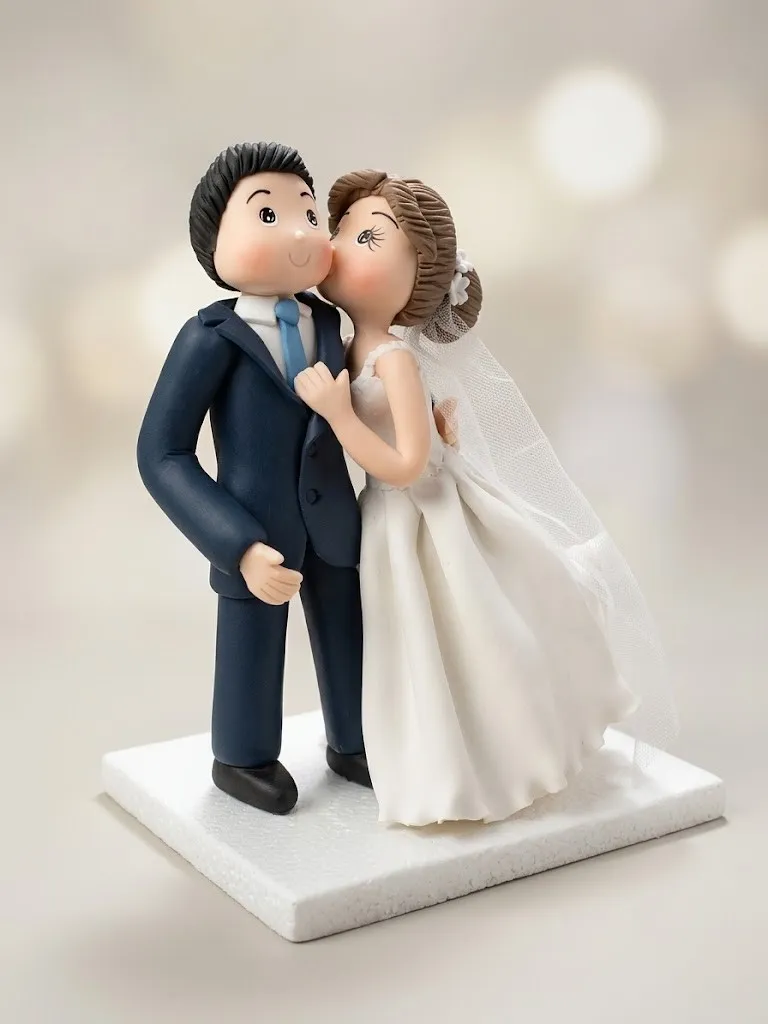 Novia con velo de tul dando un beso en la mejilla al novio, que viste traje azul y corbata celeste