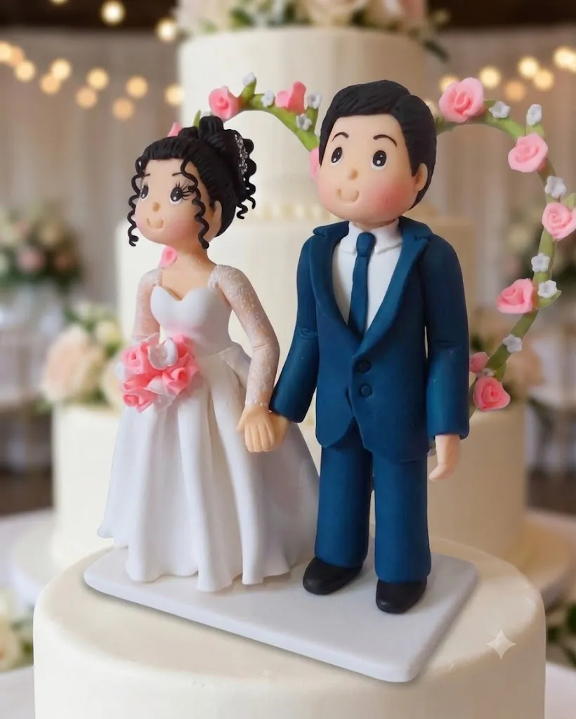 Novios clásicos hechos a mano bajo un arco de rosas rosadas