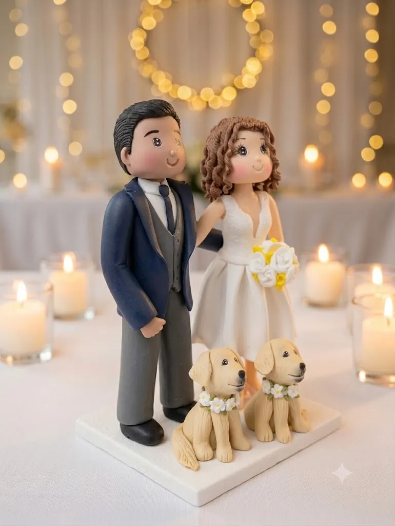 Novios personalizados con sus dos perros golden retriever a los pies